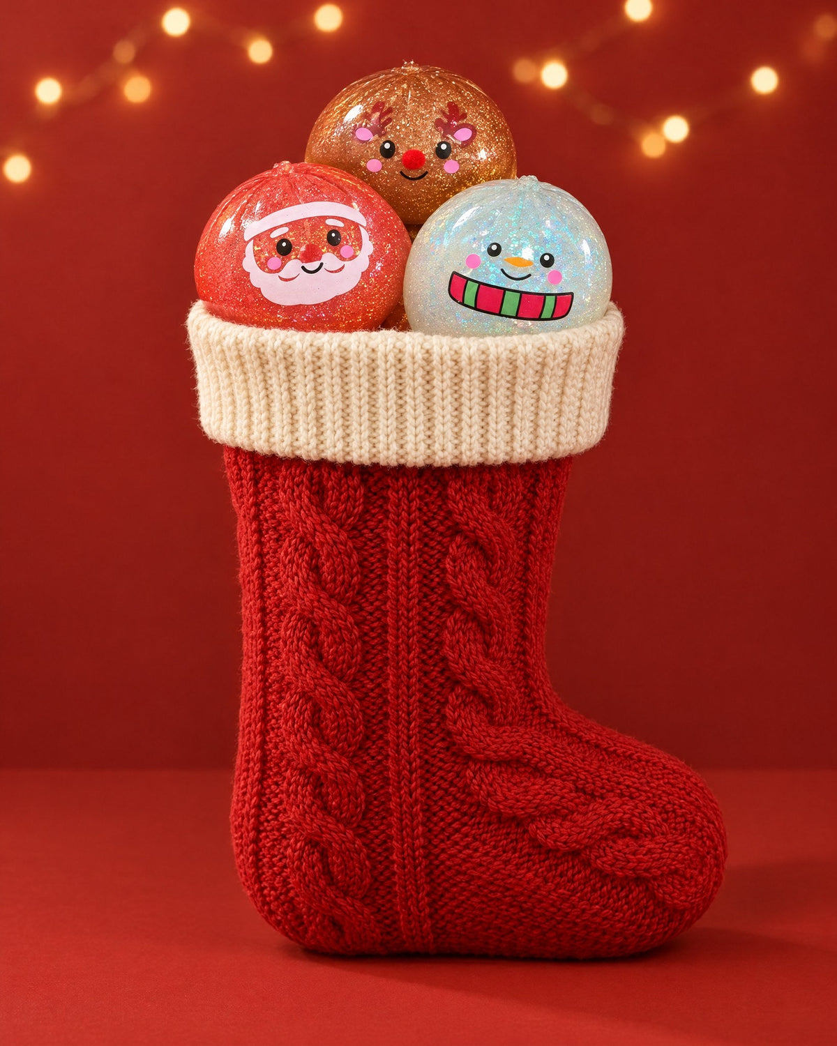 Santa, Reindeer and Snowman Holiday Bao squishies peeking out of a red knit stocking