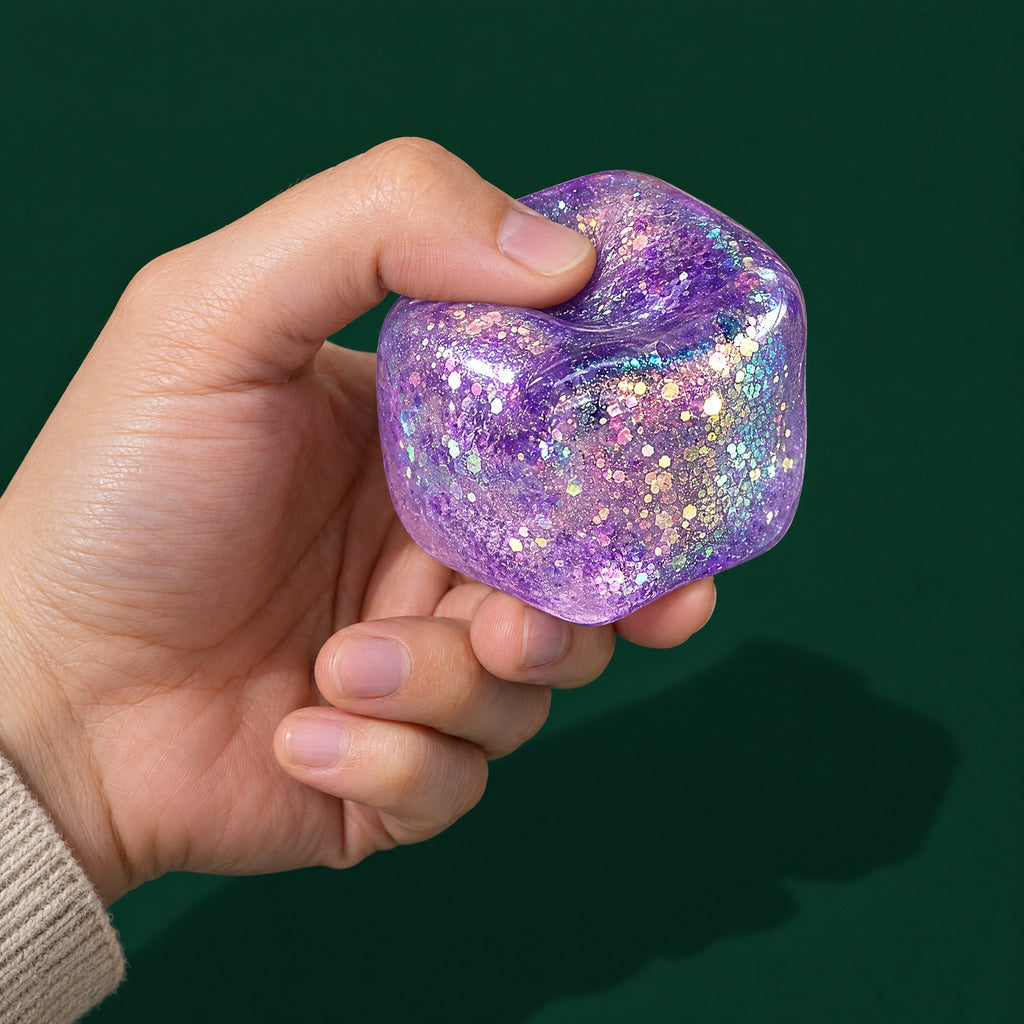 Adult hand pressing a thumb dent into the glitter purple Crystal Ice cube, glitter swirling, on dark green