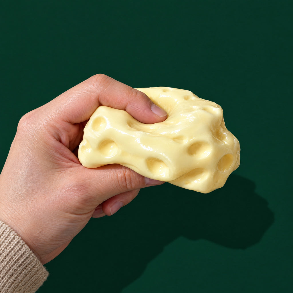 Adult thumb and finger squashing the yellow Dent Cheese flat; it spreads out and keeps the thumb dent