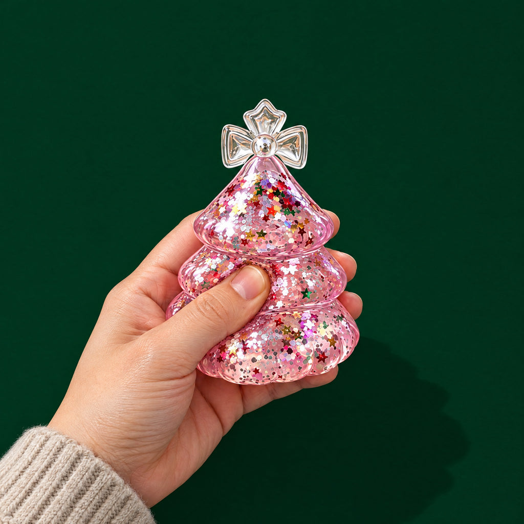 Adult hand squeezing a pink glitter gel Christmas tree squishy, the thumb pressing a soft dent into it