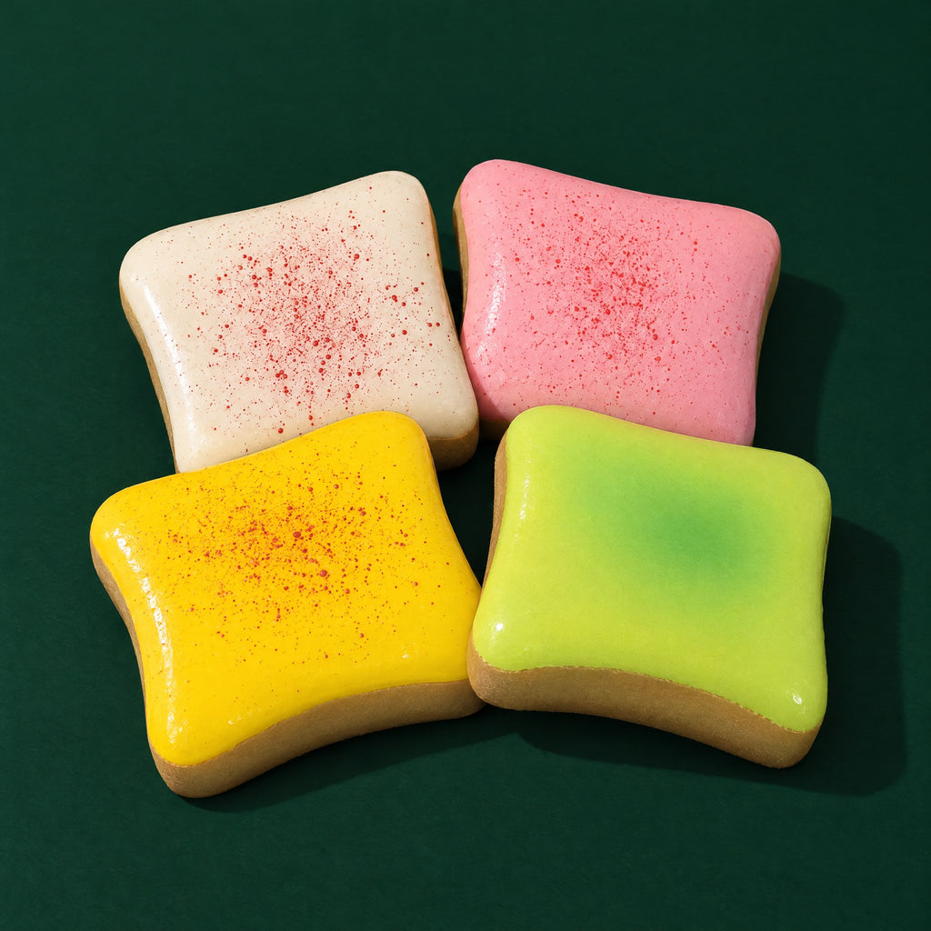 Four squishy toast toys in cream, strawberry pink, cheese yellow and matcha green on a dark green stage