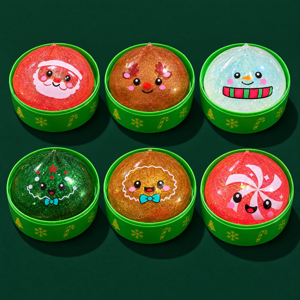 Six Holiday Bao glitter gel squishies in green cups: Santa, Reindeer, Snowman, Tree, Gingerbread, Peppermint