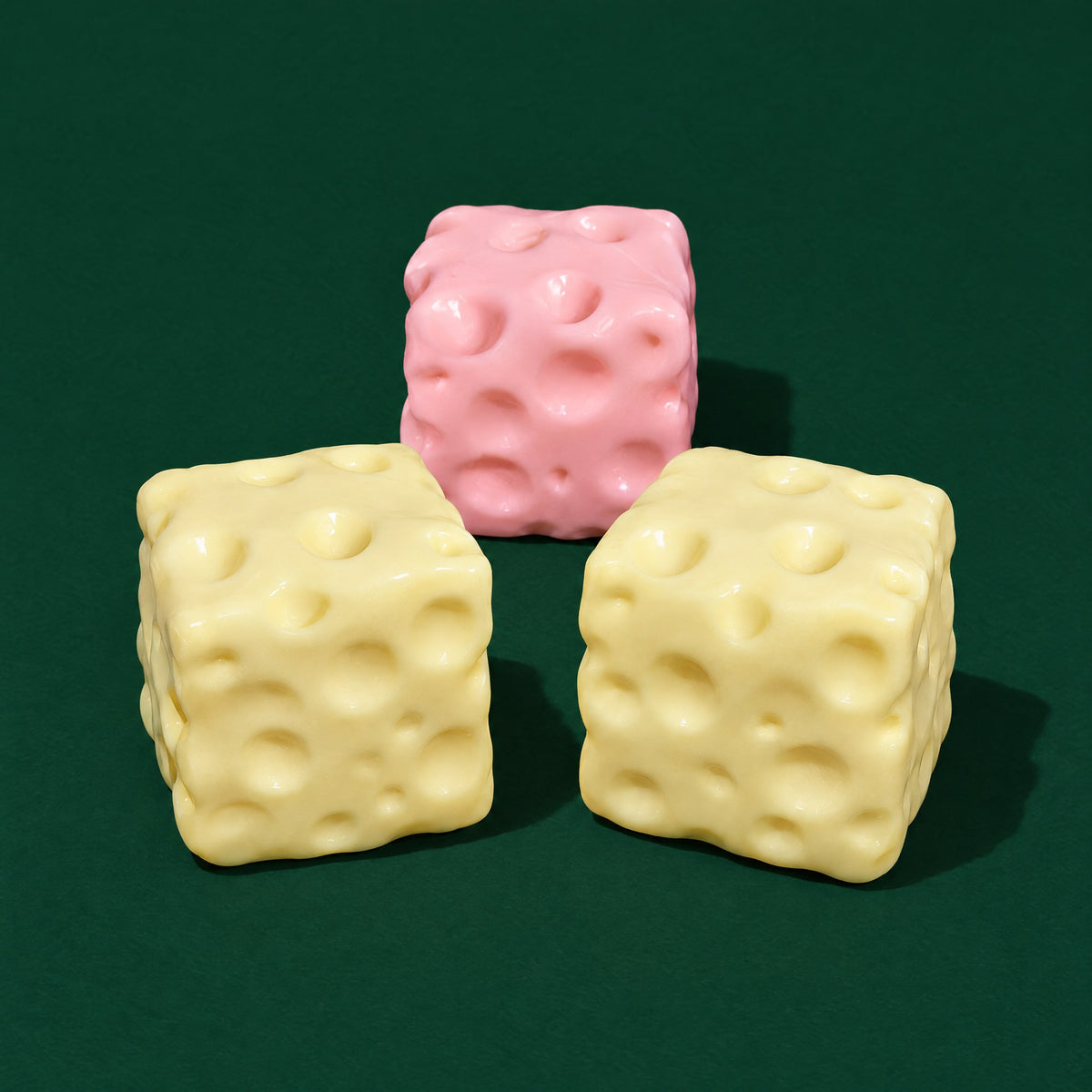 Three Swiss-cheese squishy cubes with round dimples, two pale yellow and one pink, on a dark green backdrop