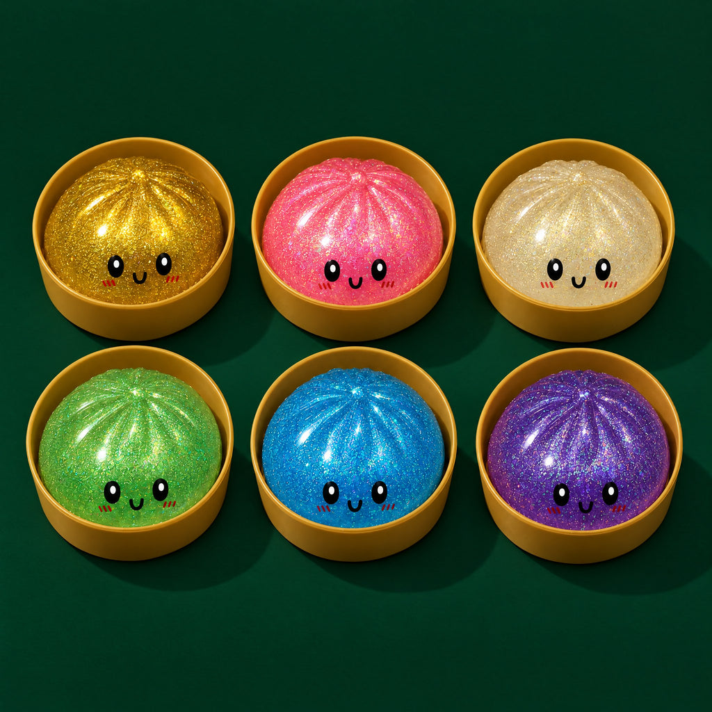 Six Sparkle Bao glitter gel buns in mustard plastic steamer cases: gold, pink, champagne, green, blue, purple
