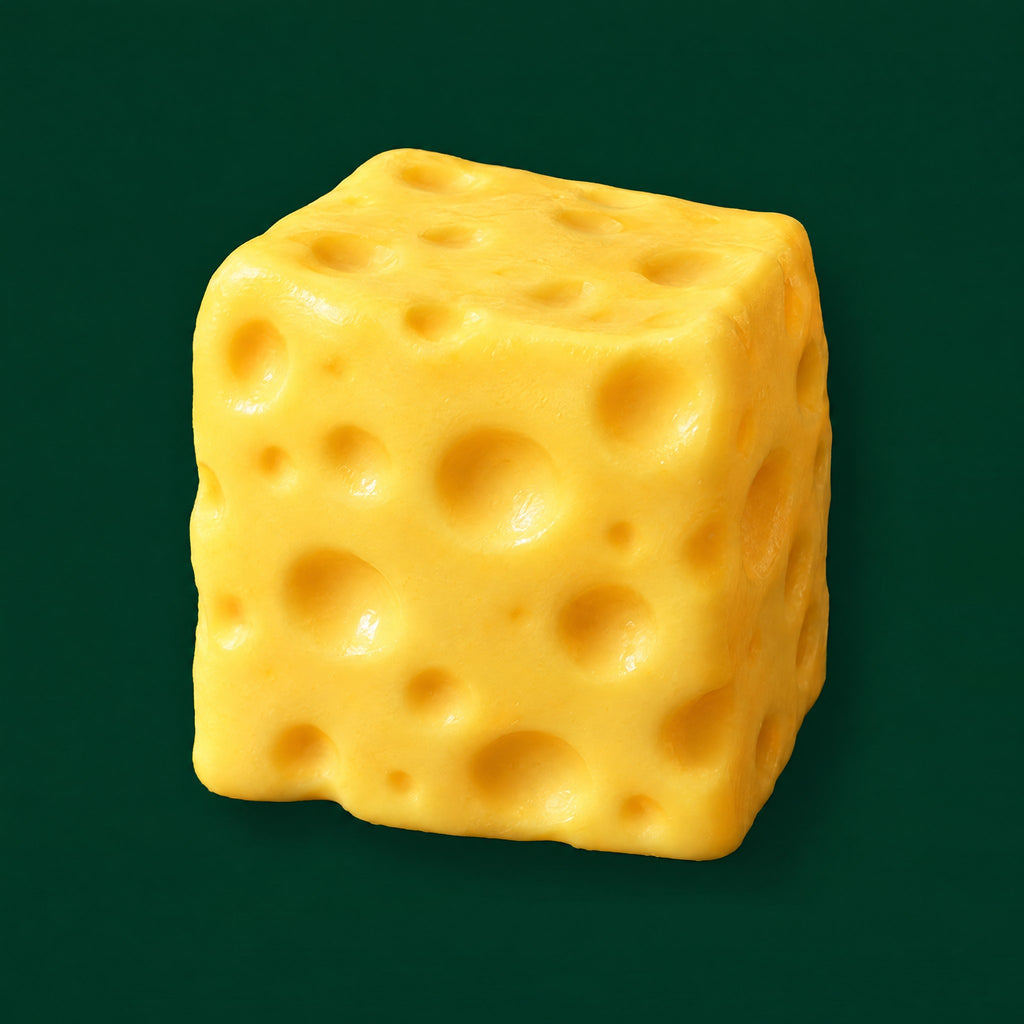 The Jumbo Cheese: an 11 cm golden yellow cheese-block squishy with round Swiss-cheese holes, on dark green