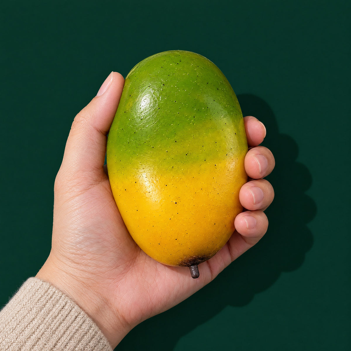 Adult hand holding a Mood Mango squishy; the half in the warm palm has turned yellow, the top is still green