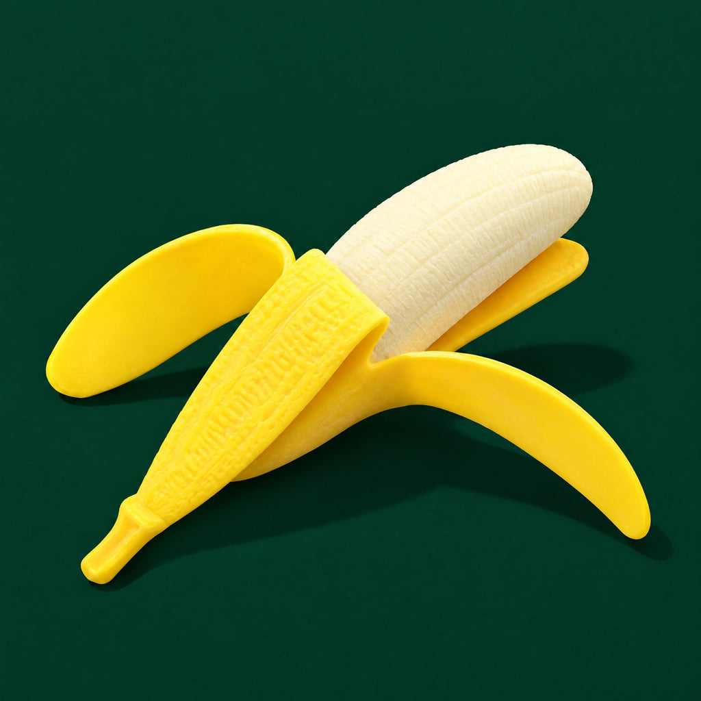 Peel-able banana squishy toy, half-peeled, its yellow peel folded back to show the pale stretchy banana inside
