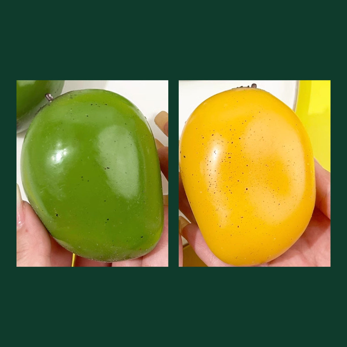 Real photo: the mango squishy green before warming and golden yellow after, each held in a hand