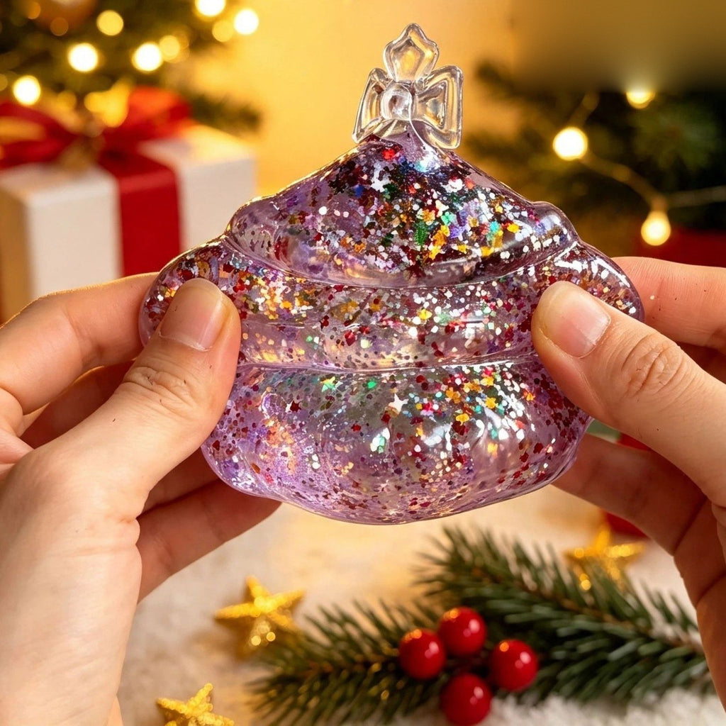 Supplier photo of two hands squeezing a lilac glitter gel tree squishy so it squashes wide